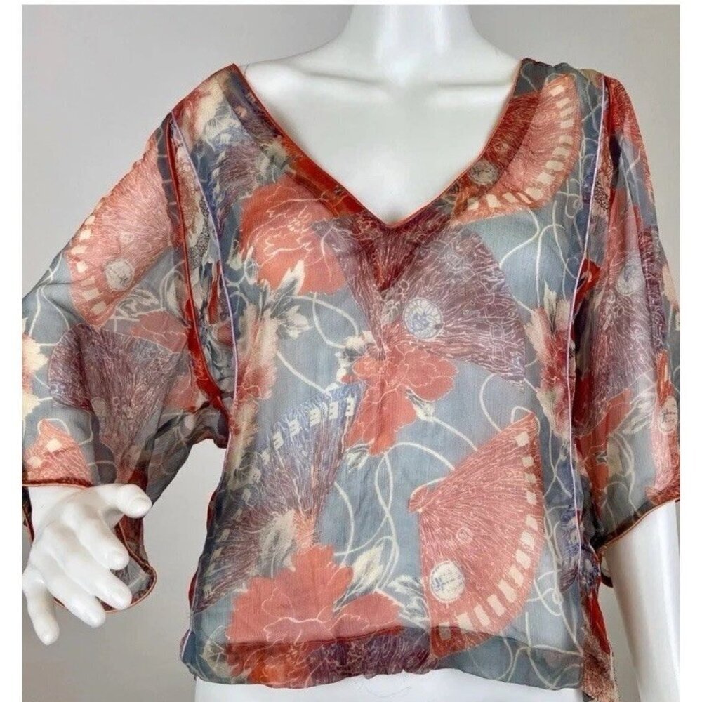 Vintage‎ 1990s Y2K Diesel Japanese Fans & Floral Print Silk Chiffon Blouse Sz XS